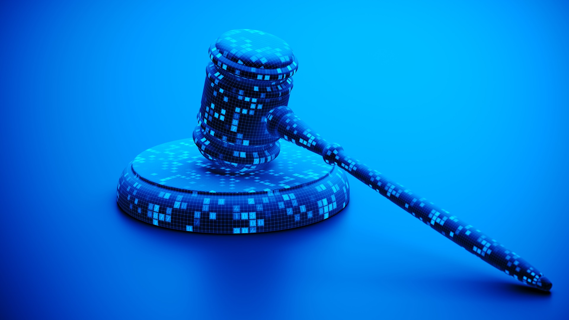 Artificial Intelligence AI and Legal Systems: A digital judge's gavel covered in binary code