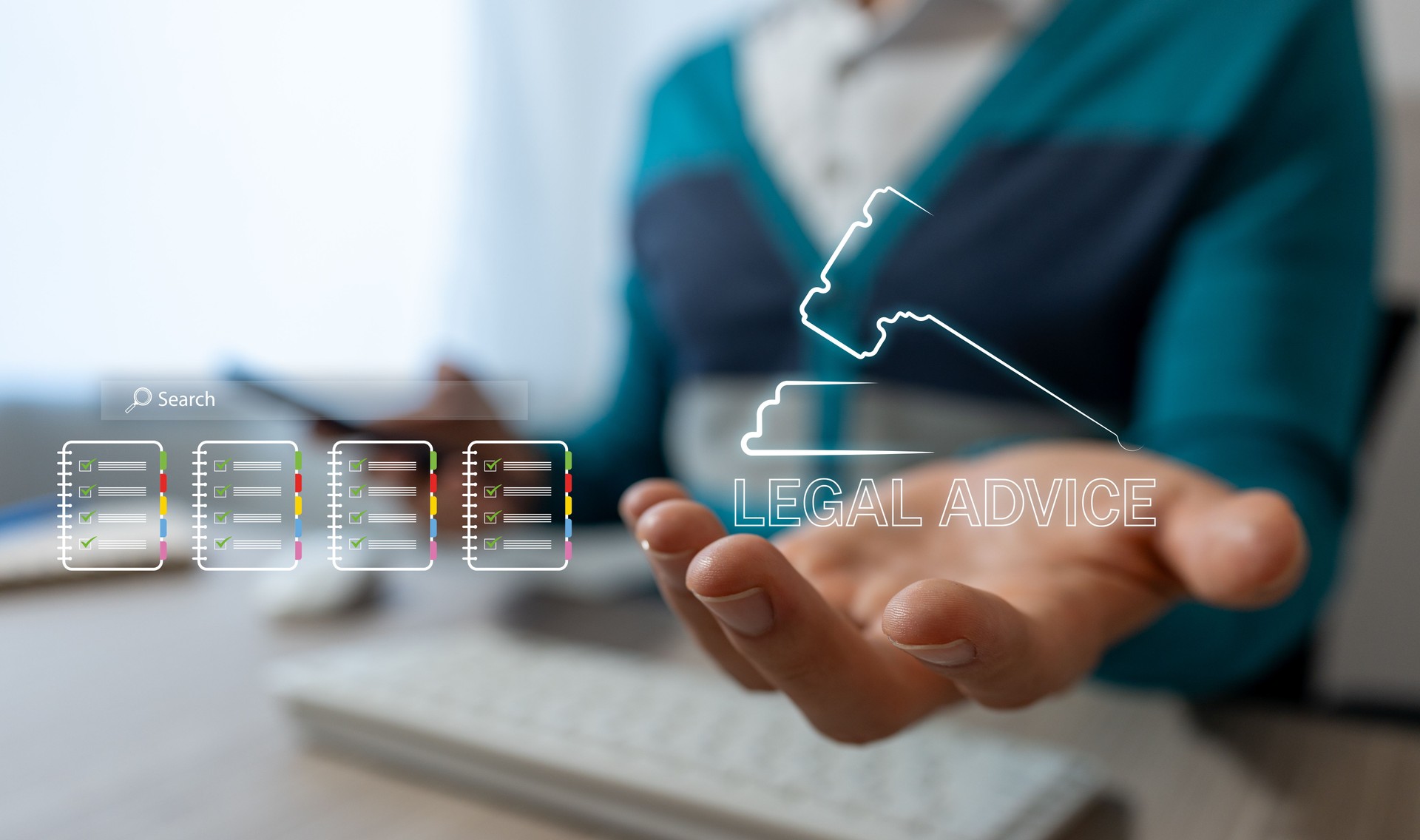 Digital legal advice: Executives analyzing contracts with a lawyer on a holographic screen - an innovative legaltech concept