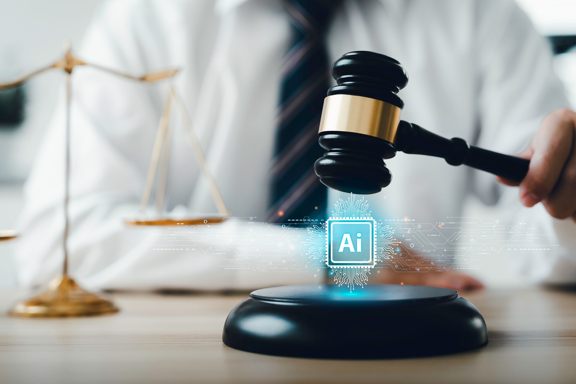 AI law and ethics and legal concepts artificial intelligence law and online technology of legal regulations Controlling artificial intelligence technology is a risk. Judicial gavel and law icon