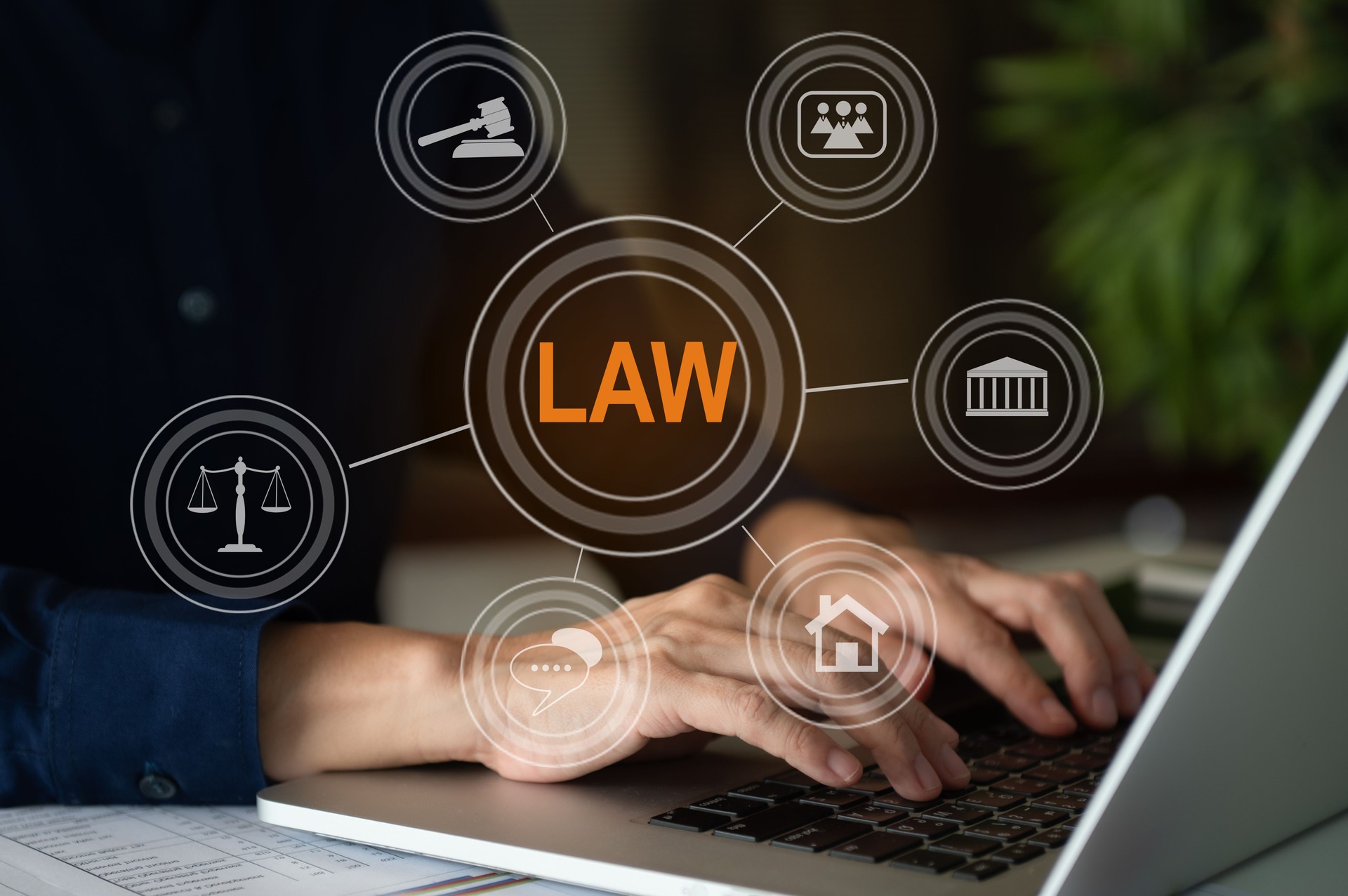 law legal technology concept. lawyer using computer with icon of law IT and legal technology.