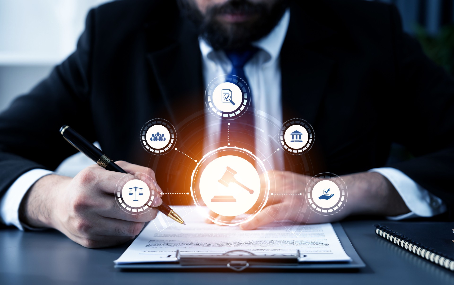 Smart law, legal advice icons and astute lawyer working tools in lawyers office